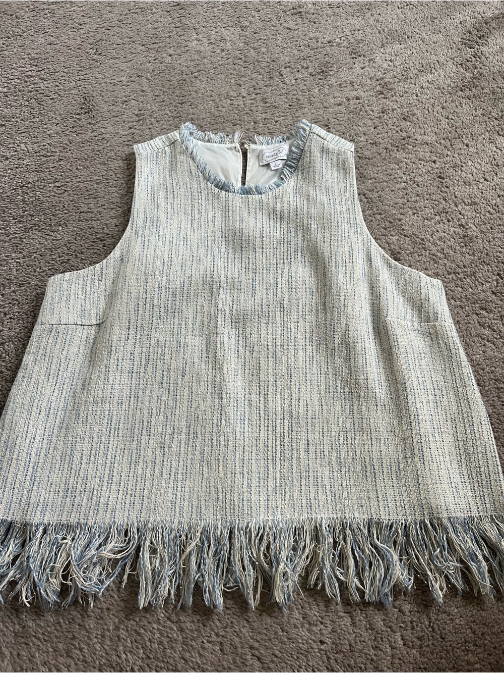 Mud Pie Cream and Light Blue Fringed Tweed Shell